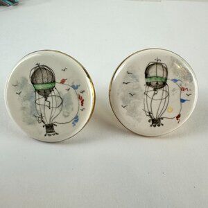 Vintage Hand Painted Porcelain Hot Air Balloon Oversized Cuff Links Round
